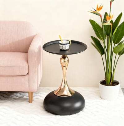 Bijzettafel - Ronde Metalen Tafel Met Blad En Stevige Voet - Voor Woonkamer Slaapkamer En Balkon - Koolstofstaal - 38 x 54 Cm - Zwart Goud