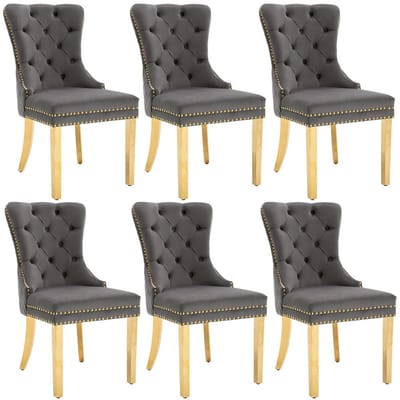 YEHTOKHOME Set van 6 Fluwelen eetkamerstoelen, Keukenstoel woonkamerstoel met deurklopper, Gestoffeerde stoel met klinknagels, Eetkamerstoel in vintage stijl, Gouden metalen poten, Grijs, b 51 x d 65.5 x h 95 cm