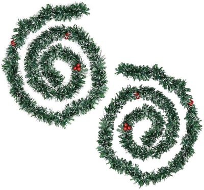 Feeric Christmas Dennenslinger - 2x - met sneeuw en rode besjes - 200 x 7,5 cm - kunststof - dennen guirlande