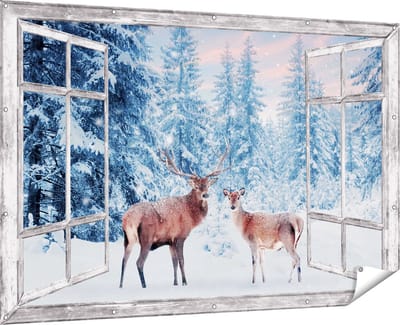 Gards Tuinposter Doorkijk Twee Herten in het Bos met Sneeuw - 180x120 cm - Tuindoek - Tuindecoratie - Wanddecoratie buiten - Tuinschilderij