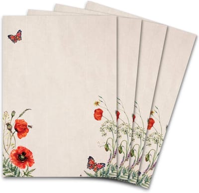 Papier met motief - Briefpapier vellen - Persoonlijke brieven schrijven - Geribbelde look - 250 vellen A4 - Natuur wit klaprozen