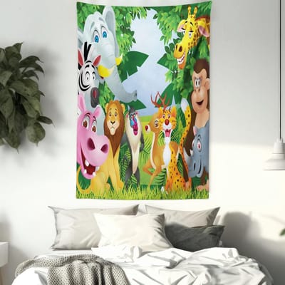 ABAKUHAUS Kinderkamertapijt, Safari Jungle Grappig, Woonkamer Slaapkamer Wanddoek Zijdezacht Satijn Tapijt, 150 x 200 cm, Meerkleurig
