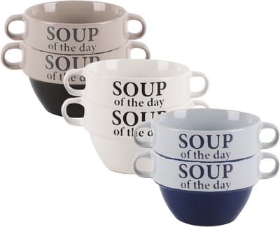 Bellatio Design Soepkommen - 6x - Soup of the day - keramiek - D12 x H8 cm - grijs / wit / blauw - Stapelbaar