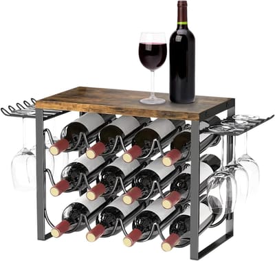 SnelShoppen - Wijnrek Metaal voor 12 Flesjes en 6 Glazen, Robuuste 4-niveaus Wijnbar, Houten en Metalen Houder voor Keuken, Bar, Kast, Pantry