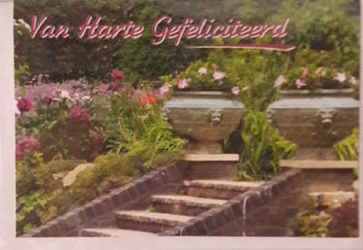 Van harte gefeliciteerd met je verjaardag! Een bijzondere wenskaart met allerlei verschillende bloemen in de tuin. Een leuke kaart om zo te geven of om bij een cadeau te voegen. Een dubbele wenskaart inclusief envelop en in folie verpakt.