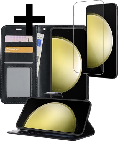 Hoesje - Met Screenprotector - Geschikt voor Samsung Galaxy S23 FE - Luxe Pasjeshouder - Bookcase Portemonee - Flip Case - Kunstleer Book Case - Flipcase - Book Cover - Walletcase - Portemonneehoes - Telefoonhoesjes - Zwart