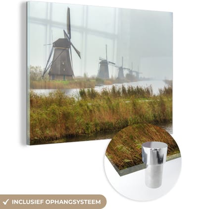 ® Glasschilderij 160x120 cm - Schilderij acrylglas - De eeuwenoude Molens van Kinderdijk in Nederland - Foto op glas - Muurdecoratie woonkamer - Wanddecoratie slaapkamer - Schilderijen