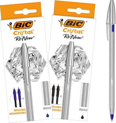 BIC Cristal Re'New Premium Navulbare Balpen voor School en Kantoor - Blauwe en Zwarte Pen met 4 Navullingen - Medium Punt 1,0 mm - 2 stuks