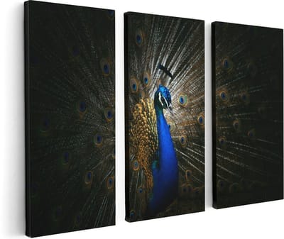 Artaza Canvas Schilderij Drieluik Blauwe Pauw Met Grote Veren - 120x80 cm - Wanddecoratie Woonkamer - Schilderijen - Muurdecoratie