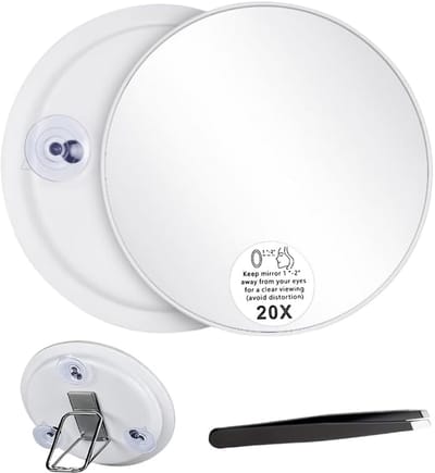 Famanu – Compacte 20x vergrootspiegel met zuignappen en pincet voor wenkbrauwen en detailverzorging