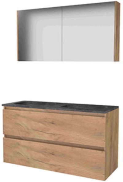 Basic-Line Comfort 46 Badkamermeubelset - 120 x 46 cm - Greeploos - 2 Lades - Hardstenen Wastafel - Zonder Kraangat - Spiegelkast - Whisky Oak