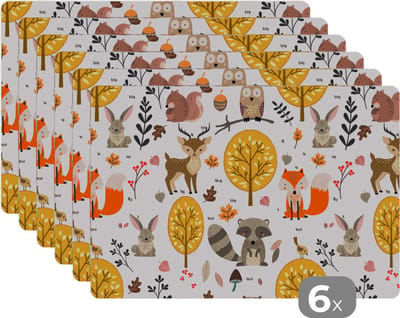 Placemat - Placemats kunststof - Design - Dieren - Bos - 45x30 cm - 6 stuks - Hittebestendig - Anti-Slip - Onderlegger - Afneembaar