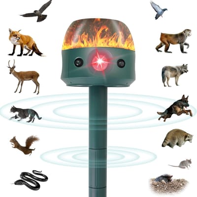 Ultrasone, op zonne-energie werkende dierenverjager voor in de tuin, 5 standen, verdrijft katten en eekhoorns met bewegingssensor, vlamlicht, motorvibratie, afschrikmiddel voor herten, stinkdieren, honden, slangen en woelmuizen.