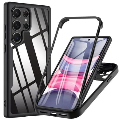 Zwart transparant telefoon hoesje geschikt voor Samsung S25 Ultra – schokbestendige case met voor en achterkant bescherming – full body cover – harde rand en doorzichtig design – dames en heren
