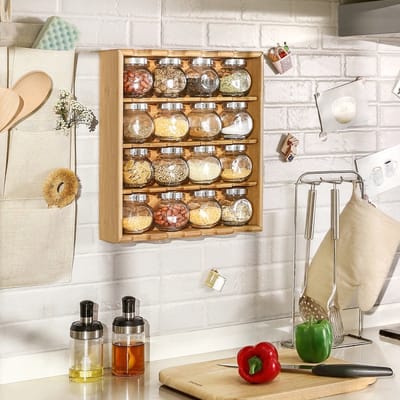 Kruidenrekje - Kruidenrek met 16 kruidenpotjes van glas - Keukenrek - Specerijen rek - Bamboe Hout - 4 laag