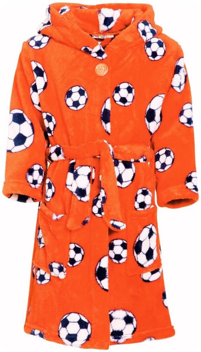 Playshoes - Badjas kind - Voetbal - fleece kinderbadjas met capuchon - Oranje - Maat 98/104