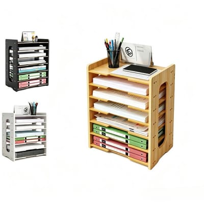 KZQ Houten Bureau-organizer - 7-laags plank voor kantoren en scholen - Ruime opbergvakken voor notities, mappen en pennen - Donkerbruin, 36 x 25 x 38,5 cm