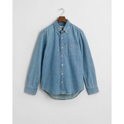 Gant Overhemd Heavy Garment Wash Denim Button Down Semi Light Blue Worn In / male