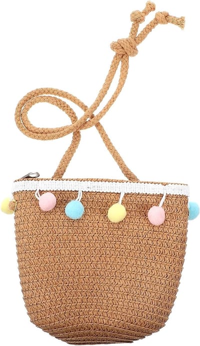 Schattige Stro Woven Tas met Pompom voor Zomer, Strand en Reizen voor Meisjes en Kinderen