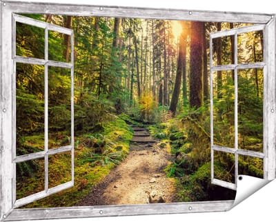 Gards Tuinposter Doorkijk Voetpad in het Bos - 150x100 cm - Tuindoek - Tuindecoratie - Wanddecoratie buiten - Tuinschilderij