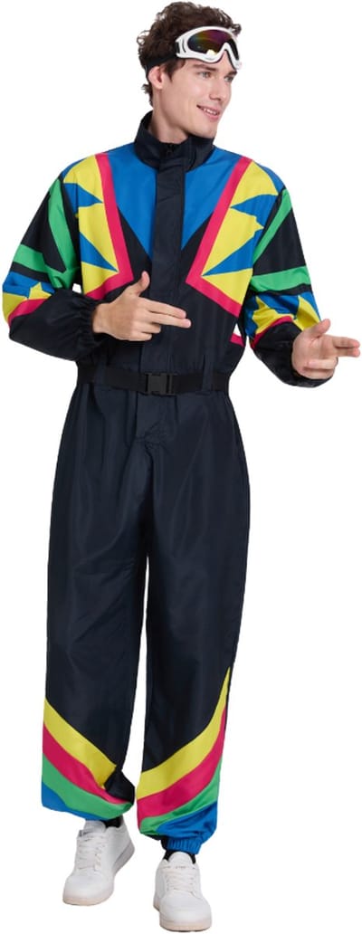 Joya Party® Retro Skipak Zwart Heren | Carnavalskleding | Verkleedkleren | Vintage Ski Pak Carnaval | Jaren 80/90 Verkleedpak Volwassenen | Foute Skipakken | Compleet met Skibril & Riem | Warm One Piece Kostuum | Verkleedkleding Man | Maat XL/XXL