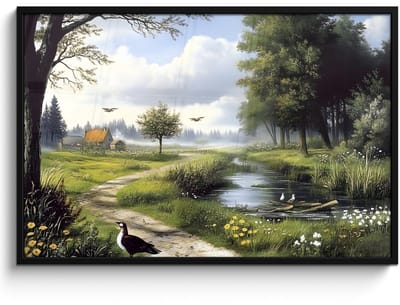 Poster in lijst - Fotolijst 120x80 cm - Posters - Zandpad - Groen landschap - Water - Posterlijst zwart - Decoratie - Wanddecoratie woonkamer - Muurdecoratie slaapkamer