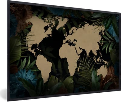 Poster in lijst - Fotolijst 120x80 cm - Posters - Wereldkaart - Tropische Planten - Bladeren - Posterlijst zwart - Decoratie - Wanddecoratie woonkamer - Muurdecoratie slaapkamer