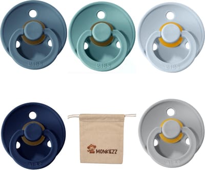 Bibs fopspeen | Met Monkiezz Speenzakje - maat 1 0-6 maanden - 5 stuks - Baby Blue -Deep Space - Island Sea - Cloud - Petrol