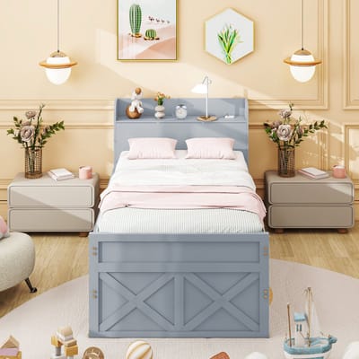 Eenpersoonsbed 90x190 cm - met uitschuifbaar bed - lades - opbergruimte en USB-aansluiting - grijs - zonder matras