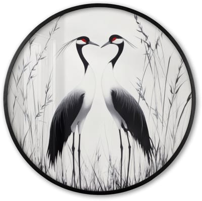Poster in lijst Rond - Fotolijst 60x60 cm - Posters - Kraanvogels - Gras - Hartvorm - Zwart - Ronde posterlijst zwart - Decoratie - Wanddecoratie woonkamer - Muurdecoratie slaapkamer