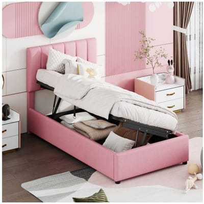 Lit d'enfant - MUVOE - 90x200 cm - Rembourré - Rangement hydraulique - Rose rose