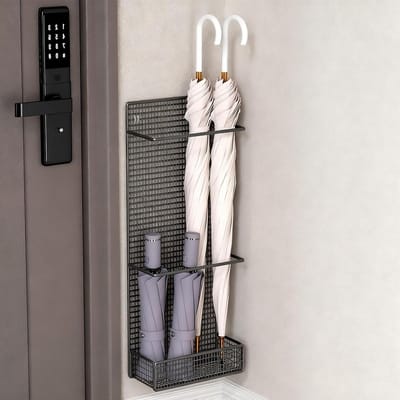 Wandgemonteerd paraplurek - gratis ponsen paraplustandaard voor binnenhal en woonkamer stijlvol zwart ontwerp (20 x 10 x 50 cm)