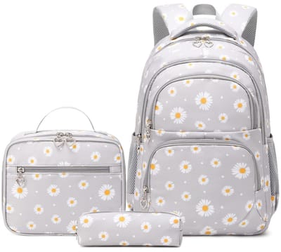 Rugzak met bloemen - Rugzak - rugzak meisje - Schooltas voor kinderen - School, lunch- en schrijfwarentas - Grijs