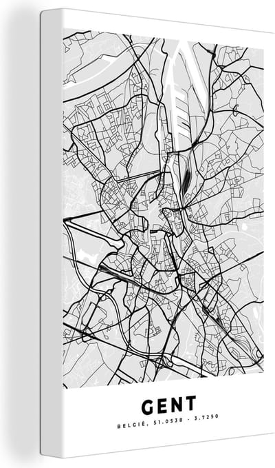 Canvas Schilderij Plattegrond – Gent – Zwart Wit – Stadskaart - Kaart - 20x30 cm - Wanddecoratie