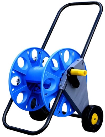 DIMICO - Tuinslanghaspel - Metalen Slanghaspel voor Tuin - Blauw - Slanghouder met Wielen - Haspelwagen - Voorkomt knikken