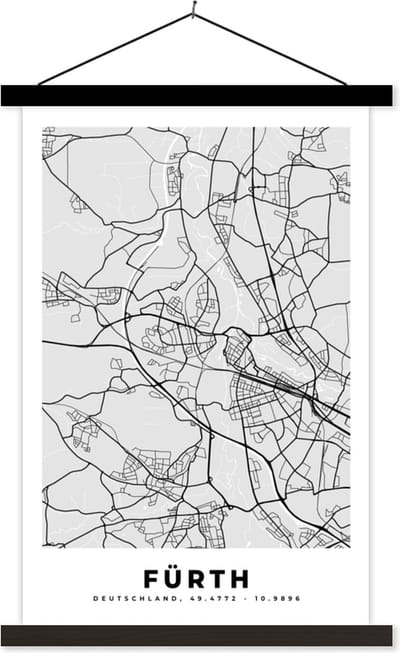 Posterhanger incl. Poster 40x60 cm - Schoolplaat - Duitsland - Plattegrond - Kaart - Fürth - Stadskaart - Textielposter - Zwarte latten - Stadskaart