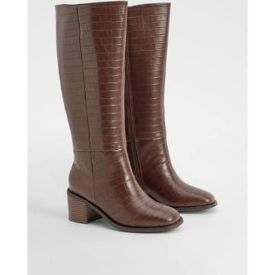 boohoo Dames Wide Fit Croc Block Kniehoge Laarzen | Chocolate | Maat: 4