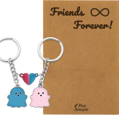 BFF Sleutelhanger voor 2 ' Friends Forever' - Spookjes + Magnetisch Hartje - Sleutelhanger set op Cadeau Kaartje - Zilverkleurig - Vriendschap Symbool - Pax Amare