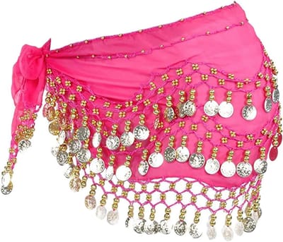 Elegante Heup Sjaal voor Buikdansen met Dangle Gouden Munten voor Optredens en Yoga, Roze, One Size