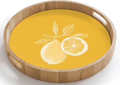 Dienblad rond 40x40 cm - Schootdienblad hout - Citroenen - Illustratie - Minimalistisch - Geel - Borrelplank rechthoek - Plateau houten dienbladen