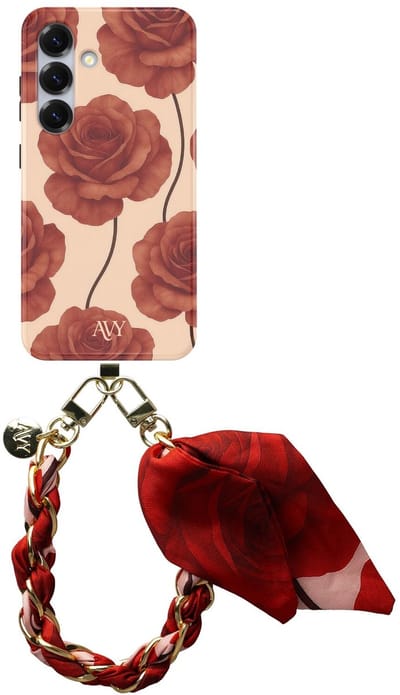 AVY Hoesje Met Telefoonkoord | Geschikt voor Samsung Galaxy S25 | Compatibel met MagSafe | Hard Shell Back Cover | Stijlvol Bijpassend Koord 32CM | Botanique Roses | Rood