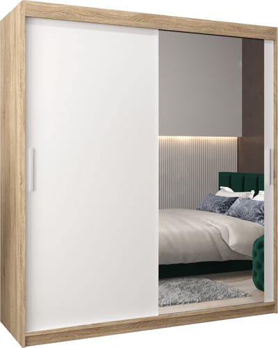 InspireMe - Kledingkast met 2 schuifdeuren, Modern-stijl, Kledingkast met planken (BxHxD): 180x200x62 - TORM II 180 Sonoma Eik + Wit Mat