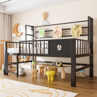 KOMHTOM - Kinderbed - 90x200 cm - laag hoogslaper - metalen frame - opbergvakken - geschikt voor kinderen en jongeren - zwart