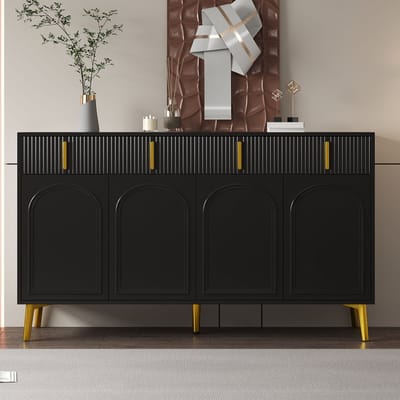Gutent Kast, Dressoir met Gouden handgrepen en poten, 4 Deuren en 4 Laden, Zwart