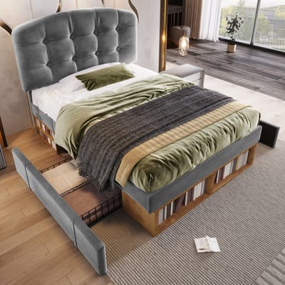 DESMIU Gestoffeerd Bed 90x200 Cm Zonder Matras Met Verstelbaar Hoofdeinde En Lades Voor Slaapkamer En Jeugdkamer Van Fluweel Grijs