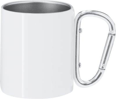RVS mok van 220ml, met een glanzend witte metalen afwerking en een functionele handgreep in de vorm van karabijnhaak. Bijzonder ontworpen voor sublimatie. Model Beesbur