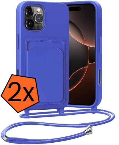 Hoesje Geschikt voor iPhone 16 Pro Hoesje Met Telefoonketting Pasjeshouder Case Koord - Hoesje Geschikt voor iPhone 16 Pro Hoes Met Kaarthouder - Felblauw - 2 PACK