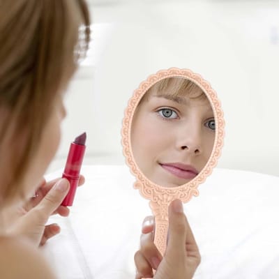 Professionele draagbare spiegel met handvat, ideaal voor haarstyling, scheren en make-up, rond ontwerp, comfortabel en duurzaam (roze)
