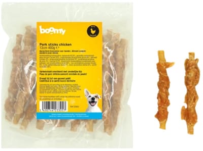 Boomy - Hondensnacks - Hondensnoepjes - Kauwstaafjes hond - Kauwsticks hond - Kip en varkenshuid - Zonder rund - 13cm - 400g