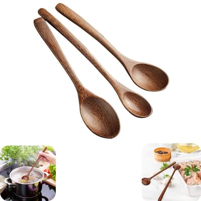 3 stuks lepels - soeplepel - roerlepel - honinglepel - houten soeplepel - herbruikbaar - lepel met lang handvat - keukenaccessoires - geschikt voor keuken, restaurant, afternoon tea (bruin, meerdere maten)